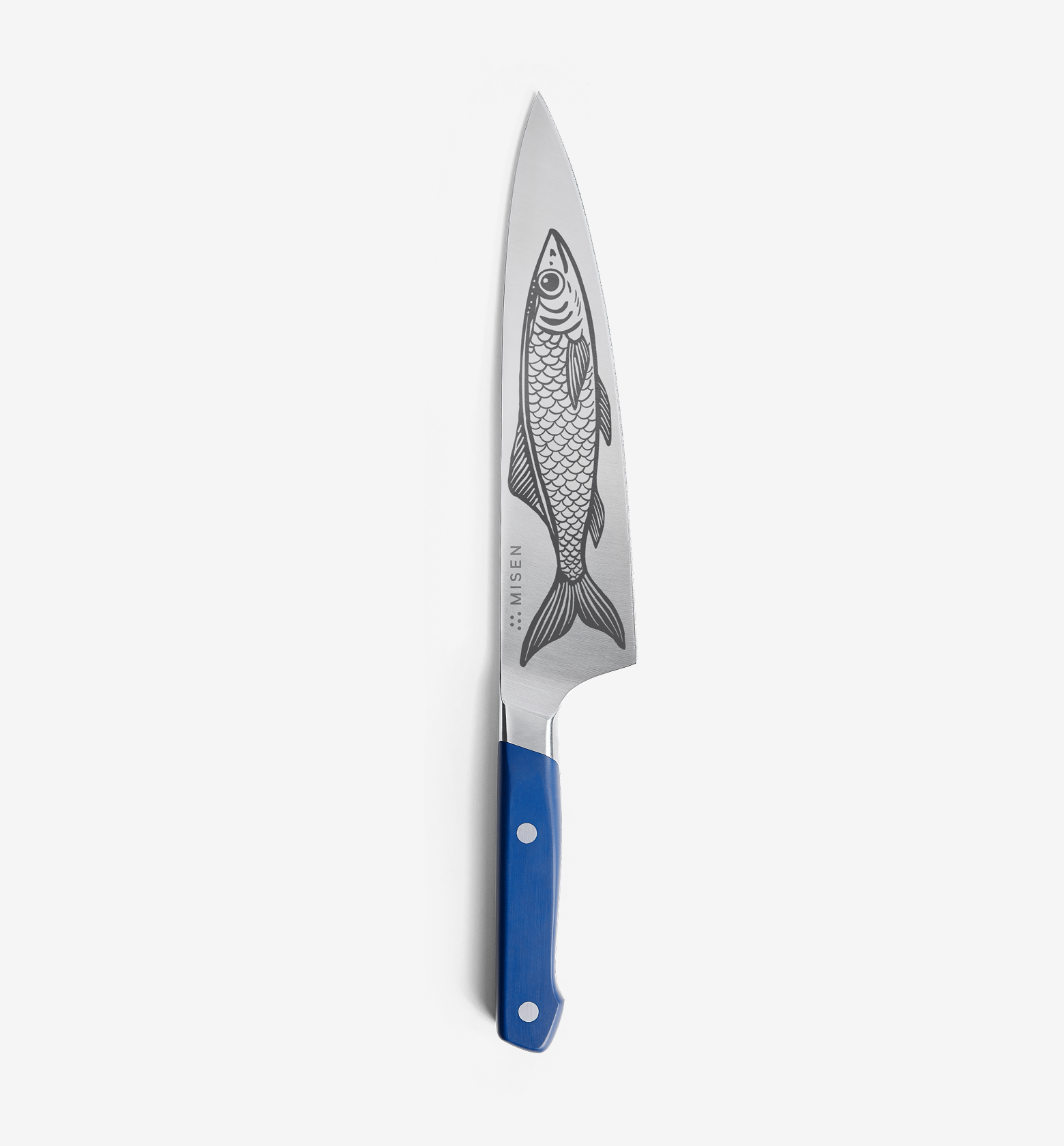 Misen chef's knife with fish etching and blue handle