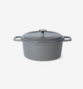 Grey enameled cast iron Dutch oven with lid and dual handles